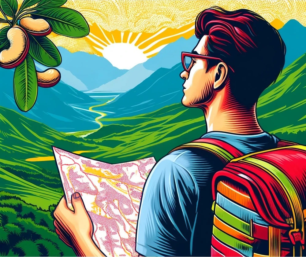 Brunette Person with Glasses and a map in hands looking at a wide scenery